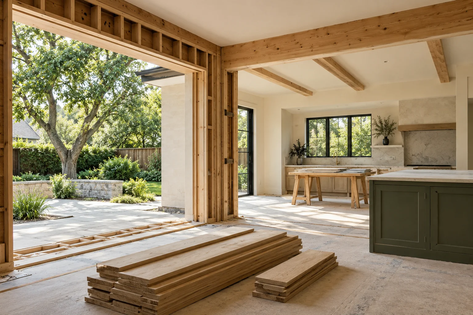 Illustrative home renovation with warm natural materials